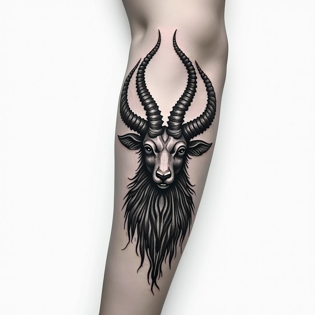 A tattoo that looks imposing, that commands respect, featuring the Capricorn sign, extending from the forearm to the hand.higly detailed tattoo - Variation 4