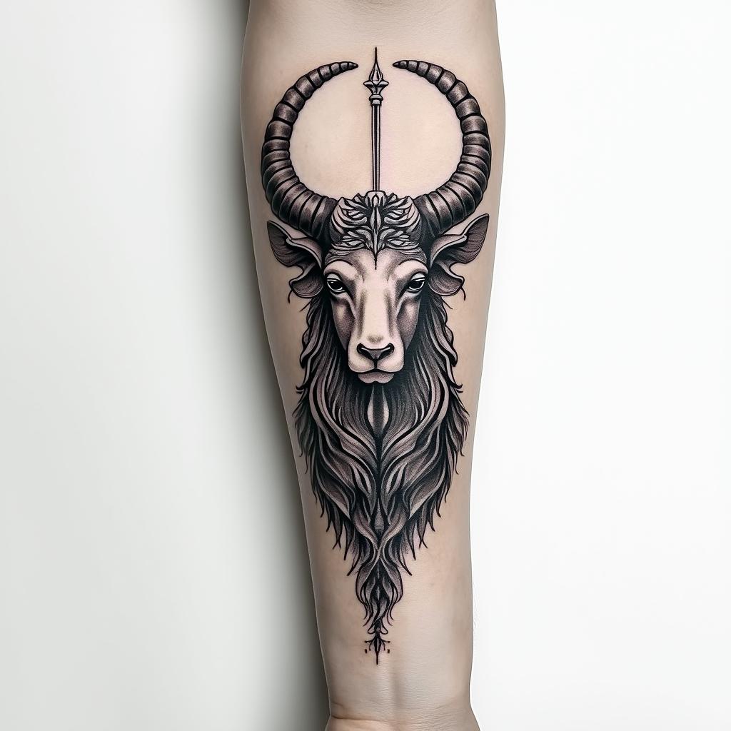 A tattoo that looks imposing, that commands respect, featuring the Capricorn sign, extending from the forearm to the hand.higly detailed tattoo - Variation 3