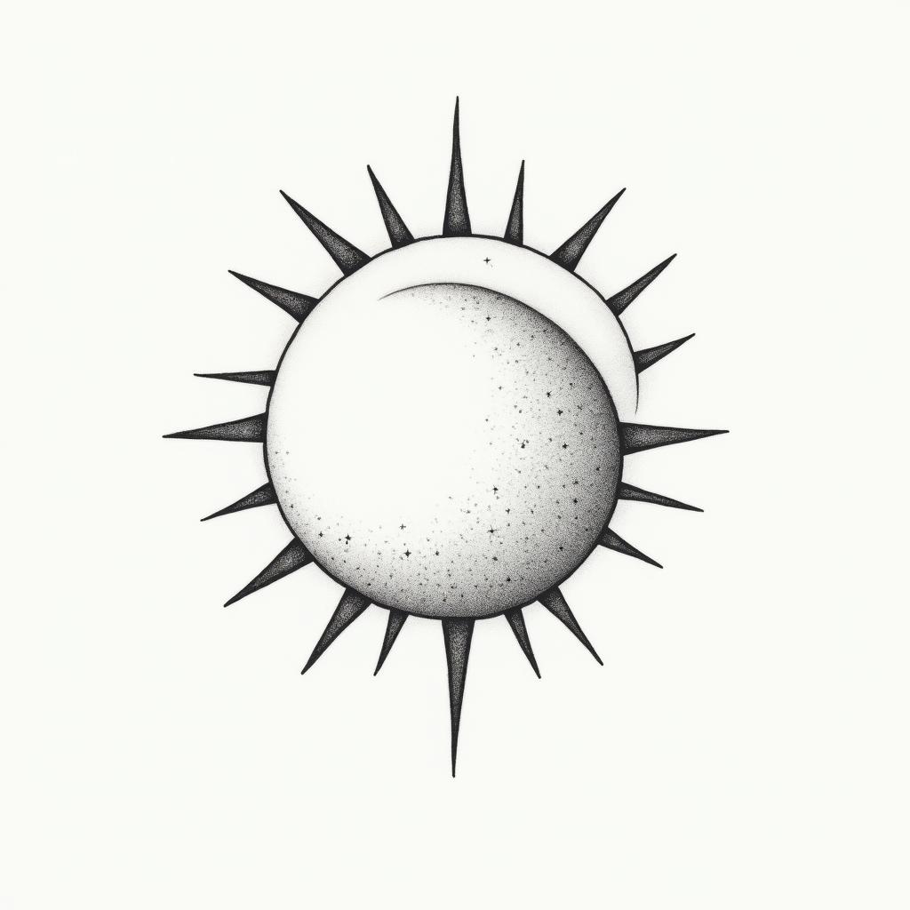 Simple sun and moonin minimalist style tattoo, featuring simple shapes and fine lines, with minimal shading and details, tiny triangles, creating a sense of balance and harmony - Variation 4