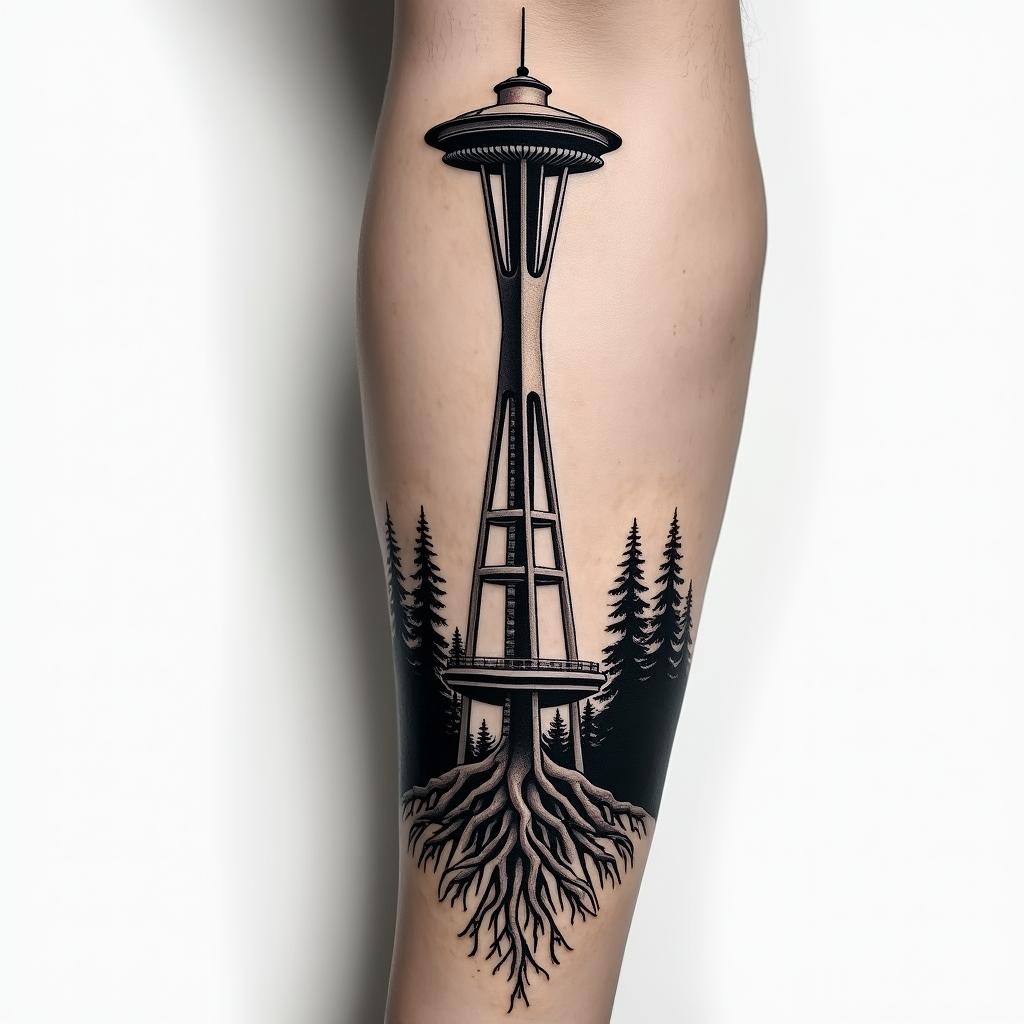 Arm sleeve tattoo with a Pacific Northwest theme and a space needle with tree roots as the bottom with the number 999 hidden in the tattooin realism tattoo style, featuring a highly detailed, lifelike, capturing every detail, photorealistic, ultra realistic, intricate shading, smooth and sharp,   - Variation 4