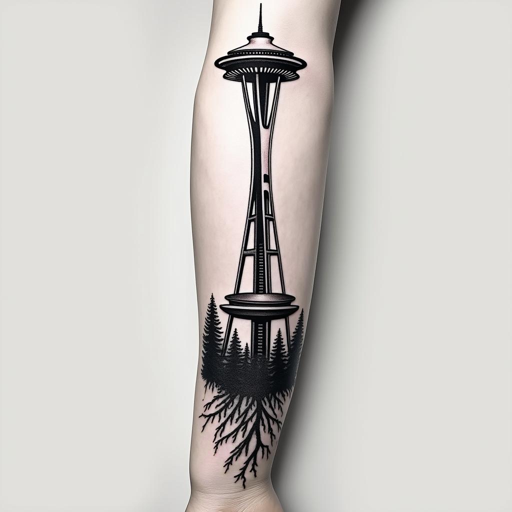 Arm sleeve tattoo with a Pacific Northwest theme and a space needle with tree roots as the bottom with the number 999 hidden in the tattooin realism tattoo style, featuring a highly detailed, lifelike, capturing every detail, photorealistic, ultra realistic, intricate shading, smooth and sharp,   - Variation 3