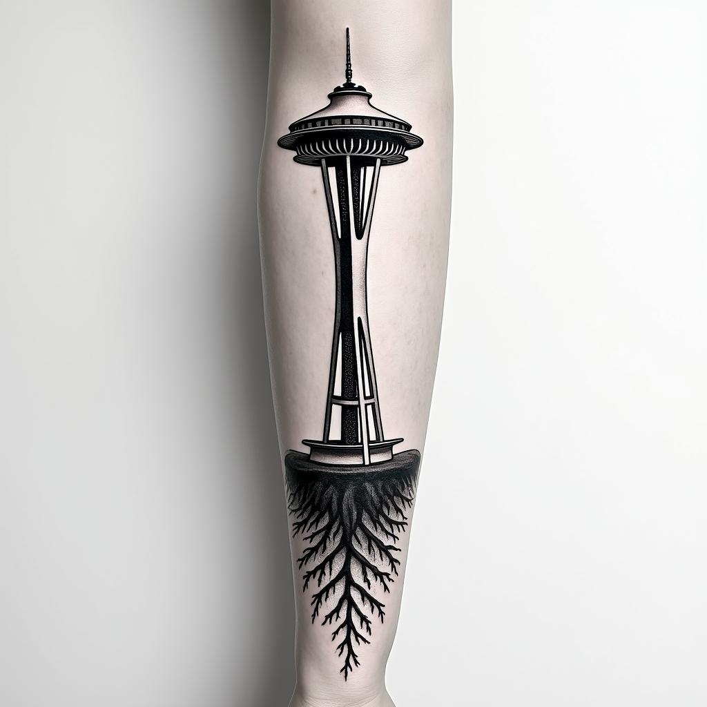 Arm sleeve tattoo with a Pacific Northwest theme and a space needle with tree roots as the bottom with the number 999 hidden in the tattooin realism tattoo style, featuring a highly detailed, lifelike, capturing every detail, photorealistic, ultra realistic, intricate shading, smooth and sharp,