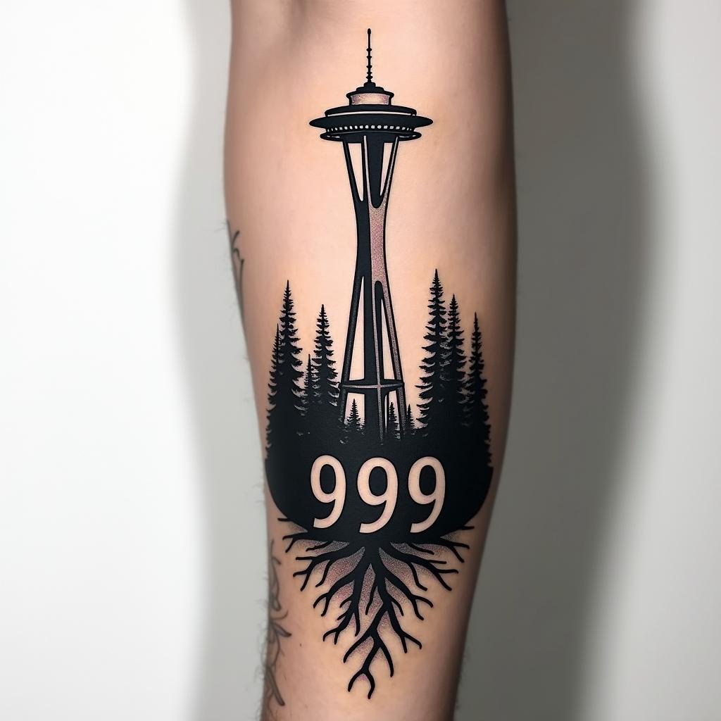 Arm sleeve tattoo with a Pacific Northwest theme and a space needle with tree roots as the bottom with the number 999 hidden in the tattooin realism tattoo style, featuring a highly detailed, lifelike, capturing every detail, photorealistic, ultra realistic, intricate shading, smooth and sharp,   - Variation 2