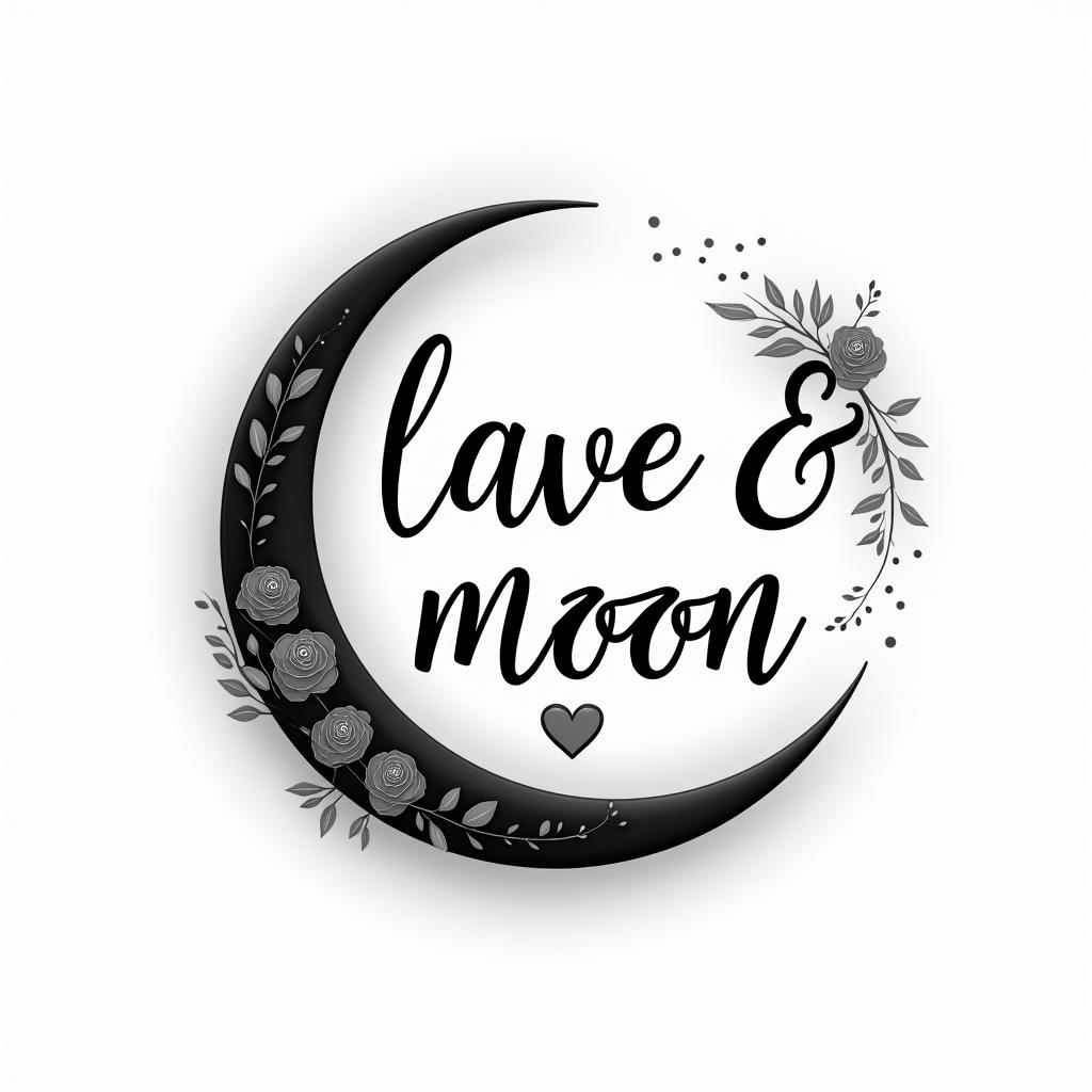 Simple sun and moonin elegant cursive calligraphy style 2d tattoo, decorate with roses, featuring a smooth and flowing handwritten script with slightly thickened strokes for a luxurious and bold appearance,  heart symbol between names,  sleek and glossy black text with shadowing, minimalist matte white background, clean and sharp edges, illuminated with soft lighting, romantic, 8k, high-quality textures with refined typography - Variation 4
