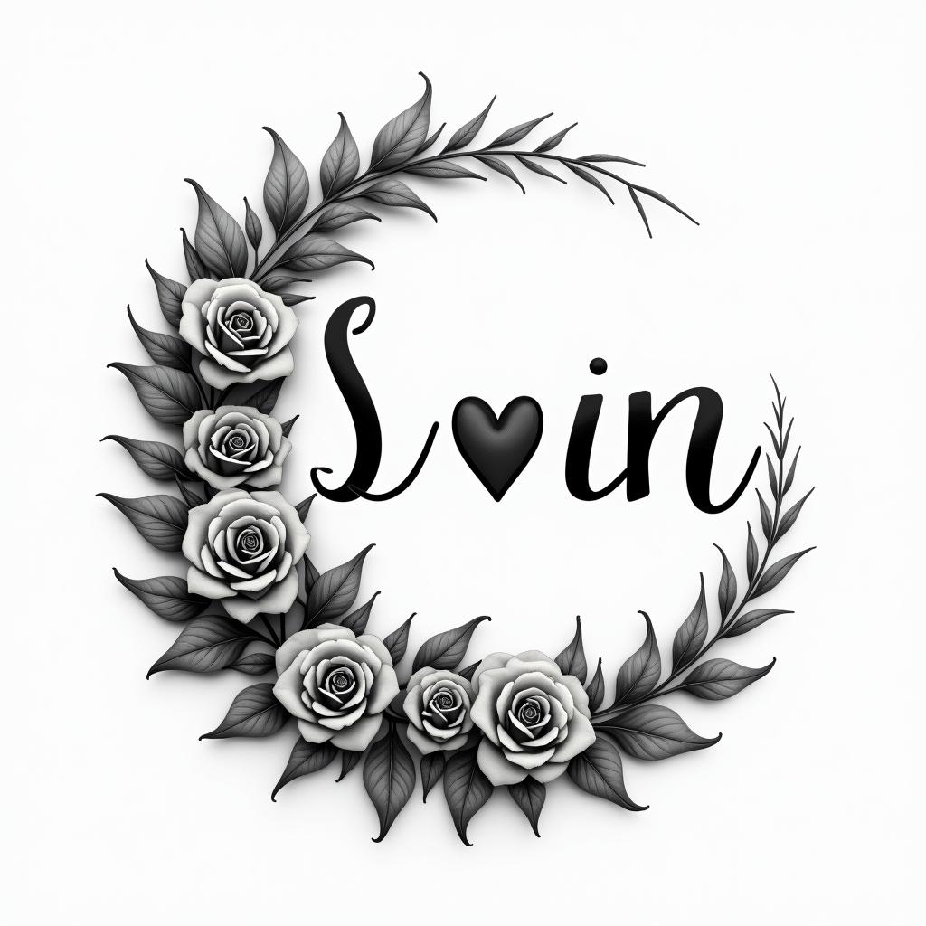 Simple sun and moonin elegant cursive calligraphy style 2d tattoo, decorate with roses, featuring a smooth and flowing handwritten script with slightly thickened strokes for a luxurious and bold appearance,  heart symbol between names,  sleek and glossy black text with shadowing, minimalist matte white background, clean and sharp edges, illuminated with soft lighting, romantic, 8k, high-quality textures with refined typography - Variation 3