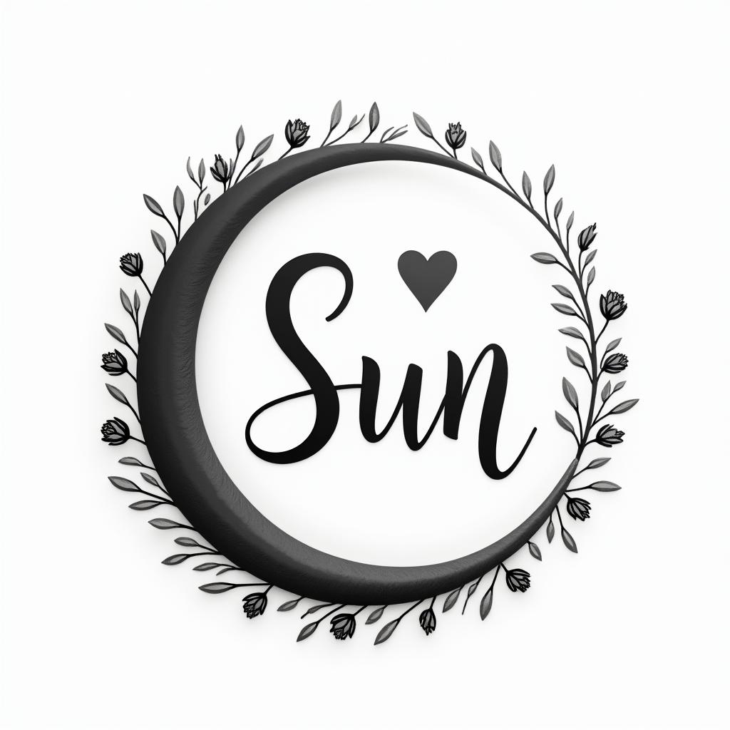 Simple sun and moonin elegant cursive calligraphy style 2d tattoo, decorate with roses, featuring a smooth and flowing handwritten script with slightly thickened strokes for a luxurious and bold appearance,  heart symbol between names,  sleek and glossy black text with shadowing, minimalist matte white background, clean and sharp edges, illuminated with soft lighting, romantic, 8k, high-quality textures with refined typography - Variation 2