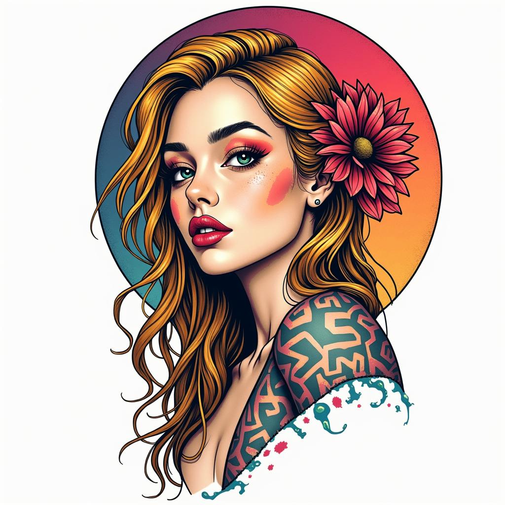 Christina Sagittarius Germanyin pop art style tattoo, featuring bold and vibrant colors, exaggerated outlines, iconic imagery, inspired by comic books and speech bubbles, comic book characters, retro pop culture - Variation 2