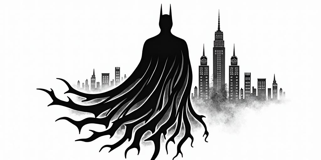 Silhouette of Batman against the horizon of Gotham.in tribal tattoo style, featuring bold and black geometric shapes, curved lines, intertwine and flow seamlessly, creating a powerful and symbolic design, polynesian and maori styles
