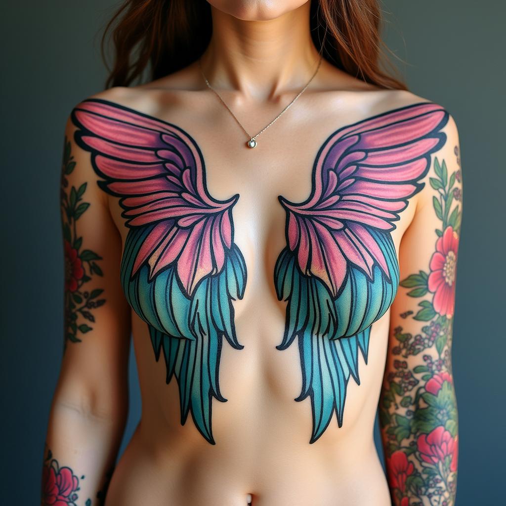 Angel wings on a mermaidin pop art style tattoo, featuring bold and vibrant colors, exaggerated outlines, iconic imagery, inspired by comic books and speech bubbles, comic book characters, retro pop culture - Variation 3