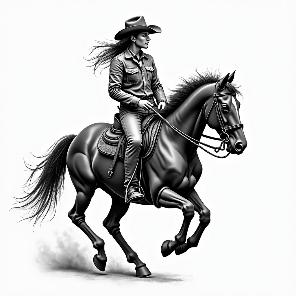 Love for western ridingin authentic tattoo style, incorporating traditional modifications, bold black outlines, solid color fills, featuring classic authentic elements