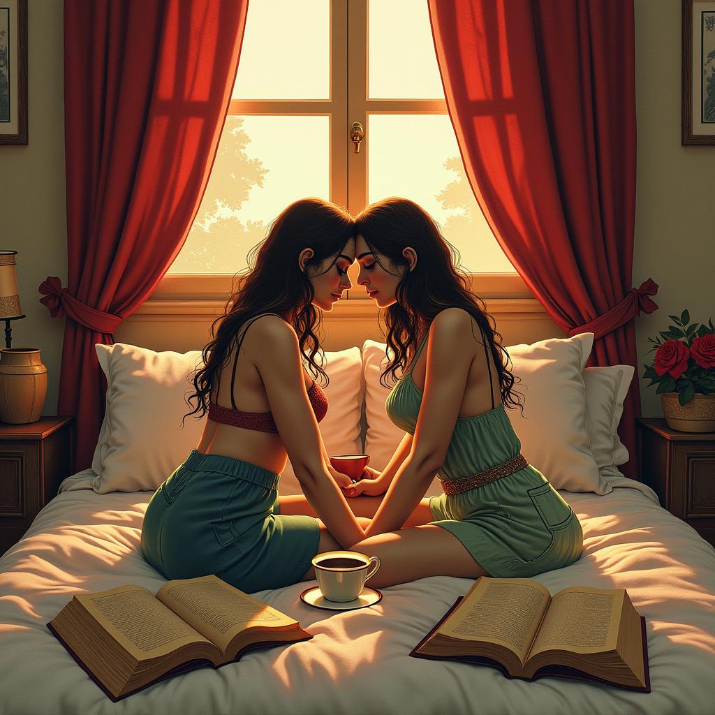 A tattoo design featuring a cozy bedroom scene with two women intertwined, symbolizing intimacy. The use of rich reds, greens, and browns is essential, depicting sunlight streaming in, two open books, and a cup of tea, creating a peaceful atmosphere.undefined
