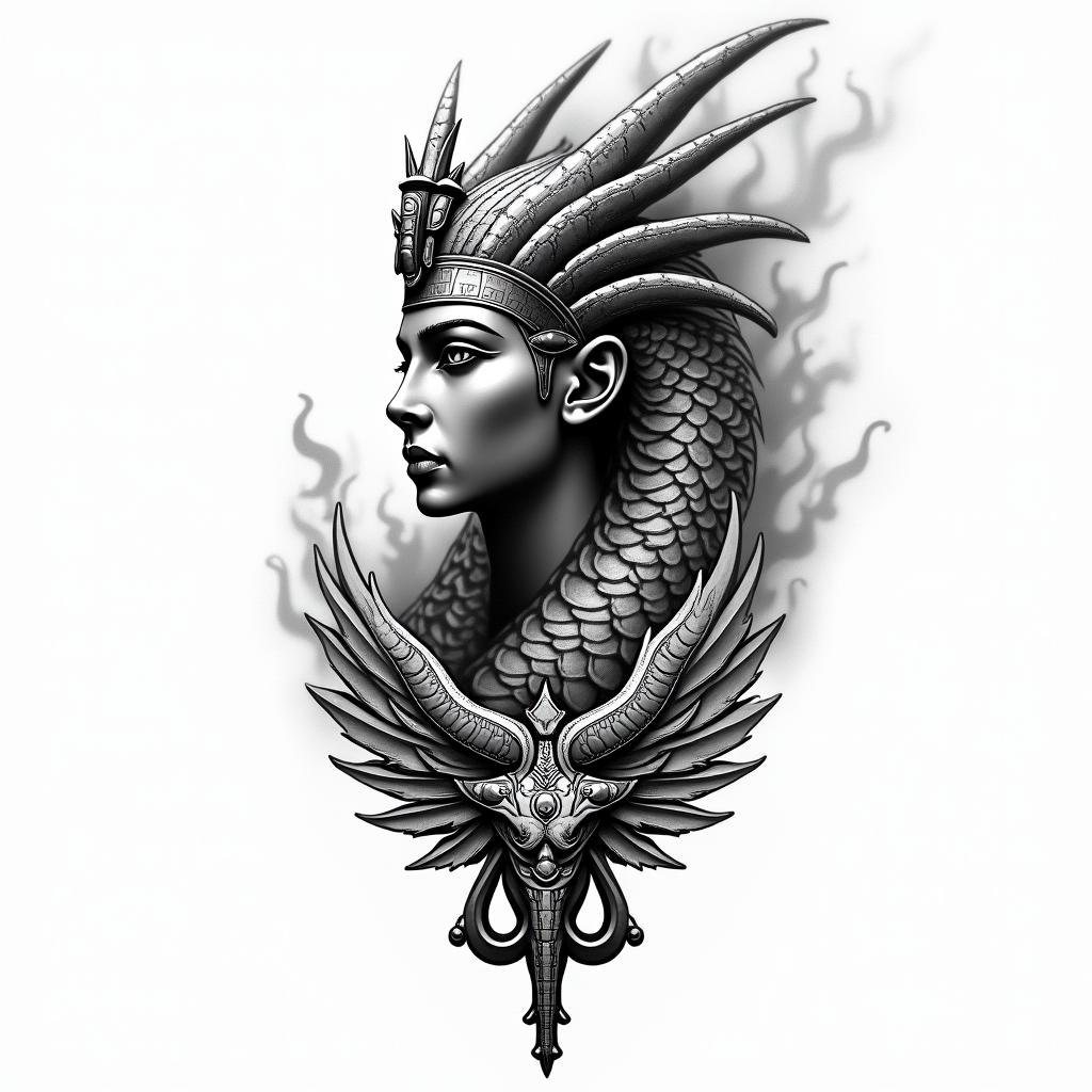 Dragon with flamesin egyptian style tattoo, bold elements of ancient egyptian culture including a portrait of an Egyptian pharaoh with detailed facial features, in hieroglyphs and symbolic imagery, eye of horus, ankh symbol, scarab beetle