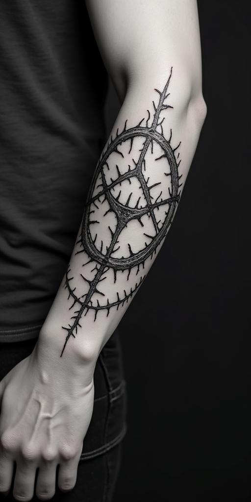 Thornsin paganic style tattoo, featuring ancient symbols, add vegvisir symbol, mystical figures, incorporating designs, pentagrams, runes, crescent moons,