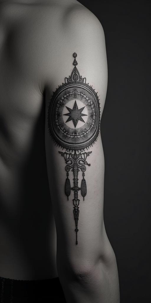 Thornsin paganic style tattoo, featuring ancient symbols, add vegvisir symbol, mystical figures, incorporating designs, pentagrams, runes, crescent moons, - Variation 2