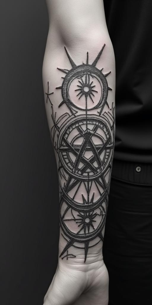 Thornsin paganic style tattoo, featuring ancient symbols, add vegvisir symbol, mystical figures, incorporating designs, pentagrams, runes, crescent moons, - Variation 3