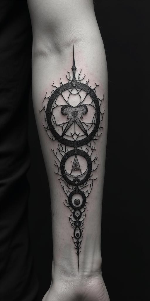 Thornsin paganic style tattoo, featuring ancient symbols, add vegvisir symbol, mystical figures, incorporating designs, pentagrams, runes, crescent moons, - Variation 4