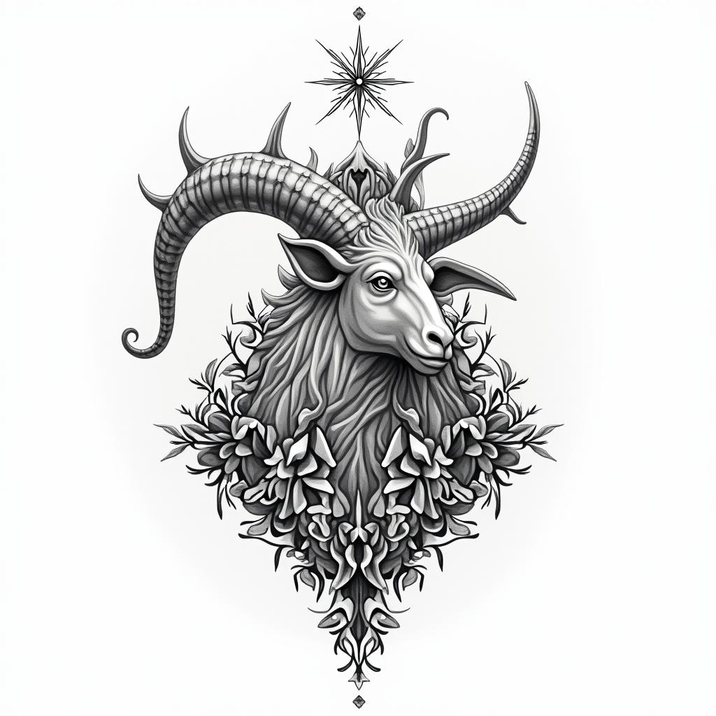 Simona Capricorn nature mountain nordic godstext-based tattoo, japanese font ultra-realistic, perfectly placed, high-quality font design, photo-realistic shading, 8k, high quality, finely detailed typograph