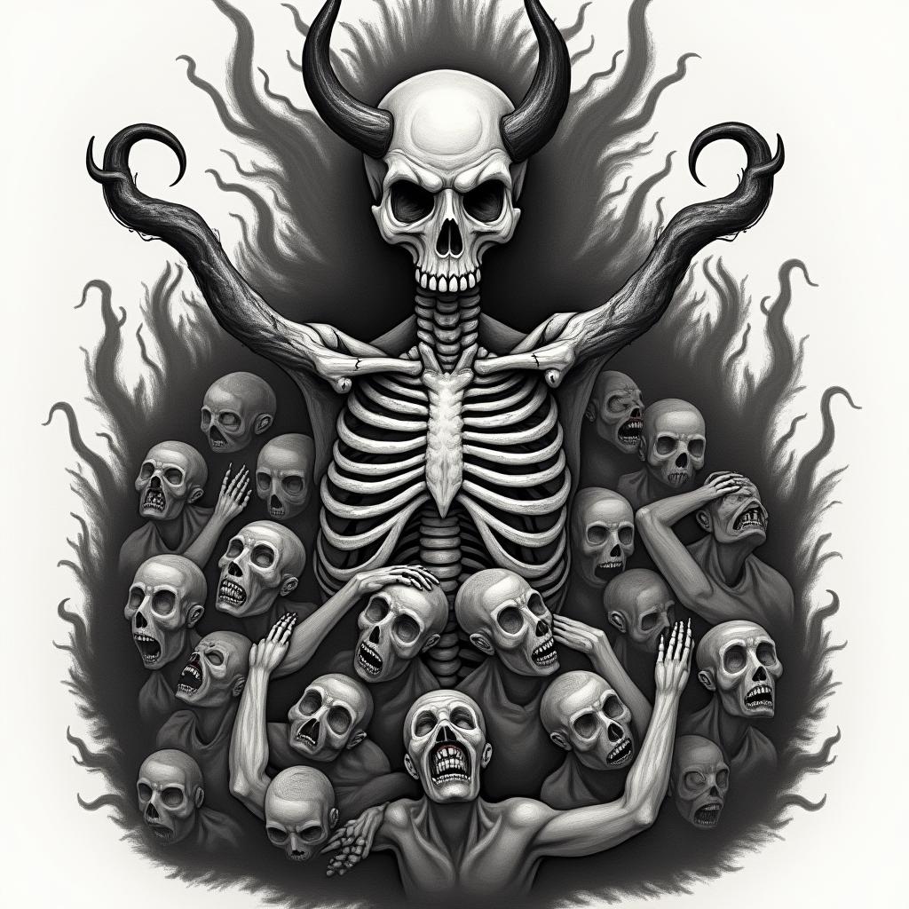 A large gothic chest piece depicting a scene inspired by 'The Last Judgement' by Jan Van Eyck, featuring a large demonic entity resembling a skeleton at the bottom, overseeing a tumultuous array of souls escaping from hell. The souls are diverse, expressing various emotions of screaming, crying, and clawing their way out, with figures pouring over each other. The tattoo is dominated by dark colors, incorporating pentacles and demonic symbols throughout the design, conveying a deep emotional and thought-provoking theme of resilience and escape from personal agony.higly detailed tattoo