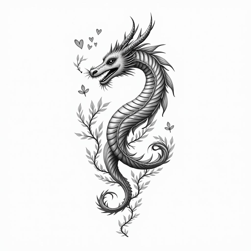 DRAGON and peoneysin Modest style tattoo, featuring soft, delicate line work with simple and meaningful symbols, gentle waves, a heart, evoking a sense of serenity and grace, - Variation 7