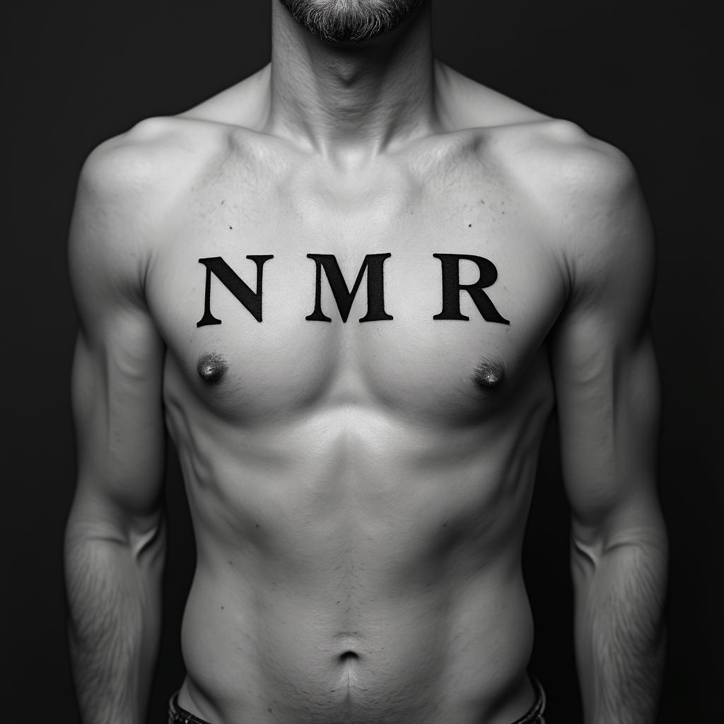 NMRminimalist text-based tattoo, Monospace font ultra-realistic, perfectly placed, high-quality font design, photo-realistic shading, 8k, high quality, finely detailed typograph