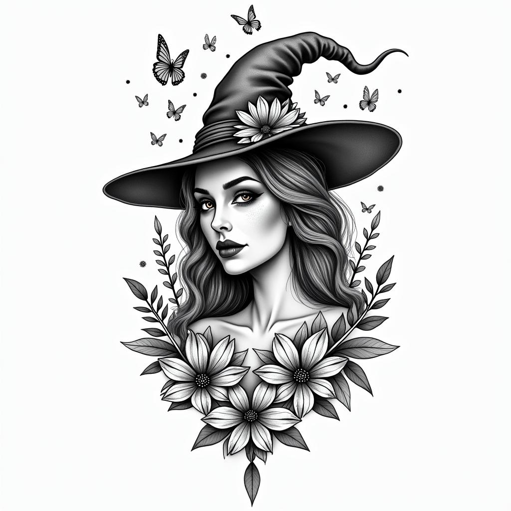 Witchy, floral, feminine, New York City, fine linehigly detailed tattoo - Variation 2