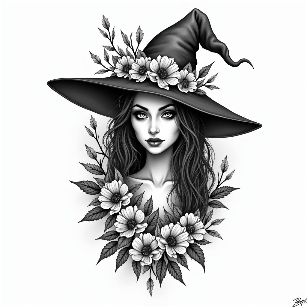 Witchy, floral, feminine, New York City, fine linehigly detailed tattoo - Variation 4