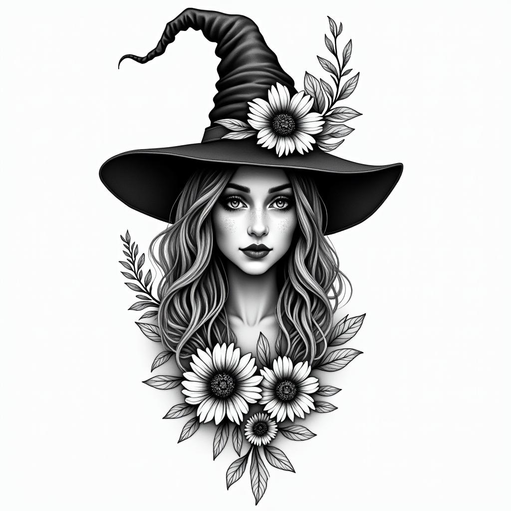Witchy, floral, feminine, New York City, fine linehigly detailed tattoo - Variation 3