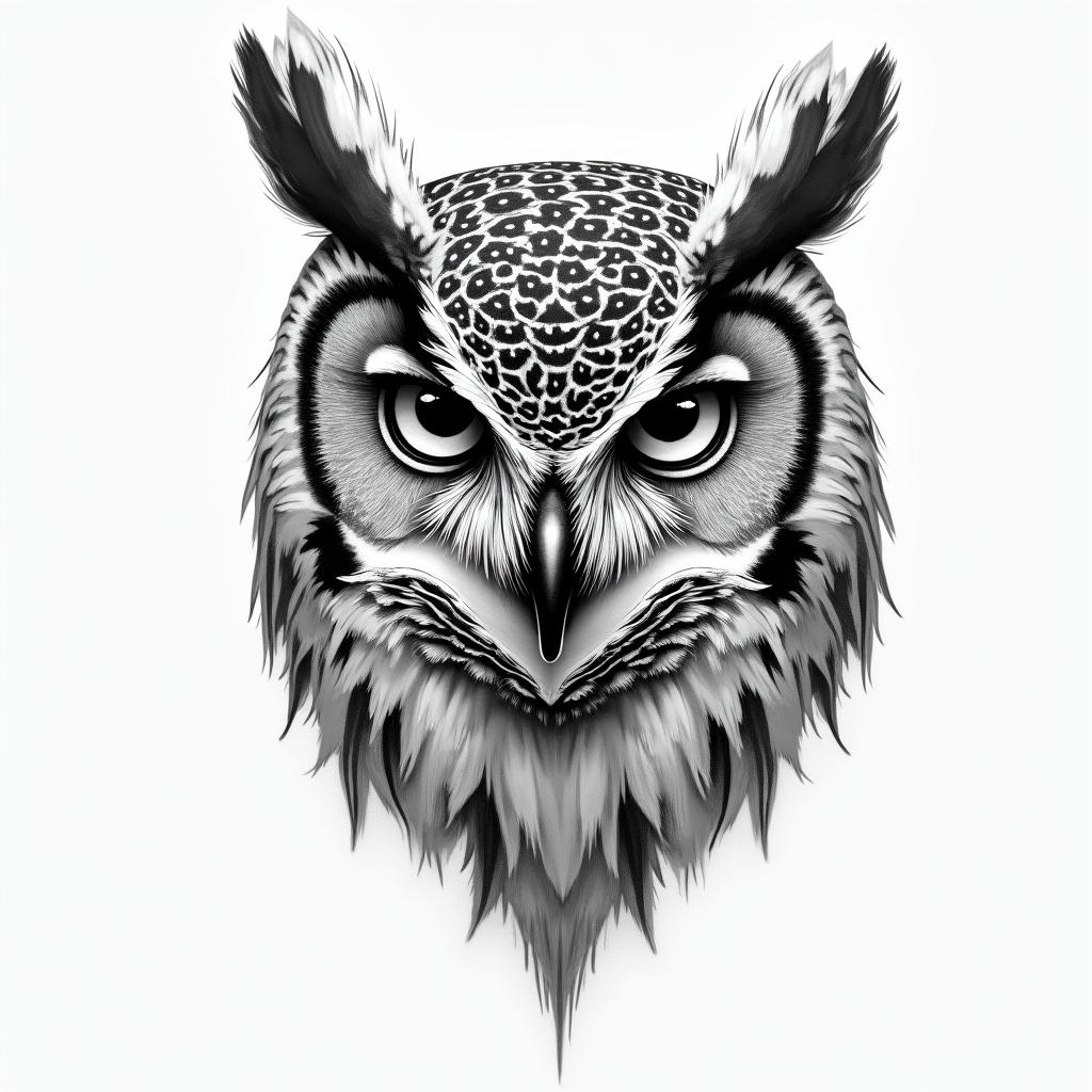 half of an unfinished drawing of an owls facehigly detailed tattoo