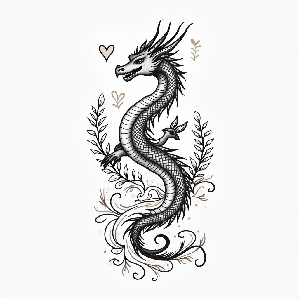 DRAGON and peoneysin Modest style tattoo, featuring soft, delicate line work with simple and meaningful symbols, gentle waves, a heart, evoking a sense of serenity and grace, - Variation 3