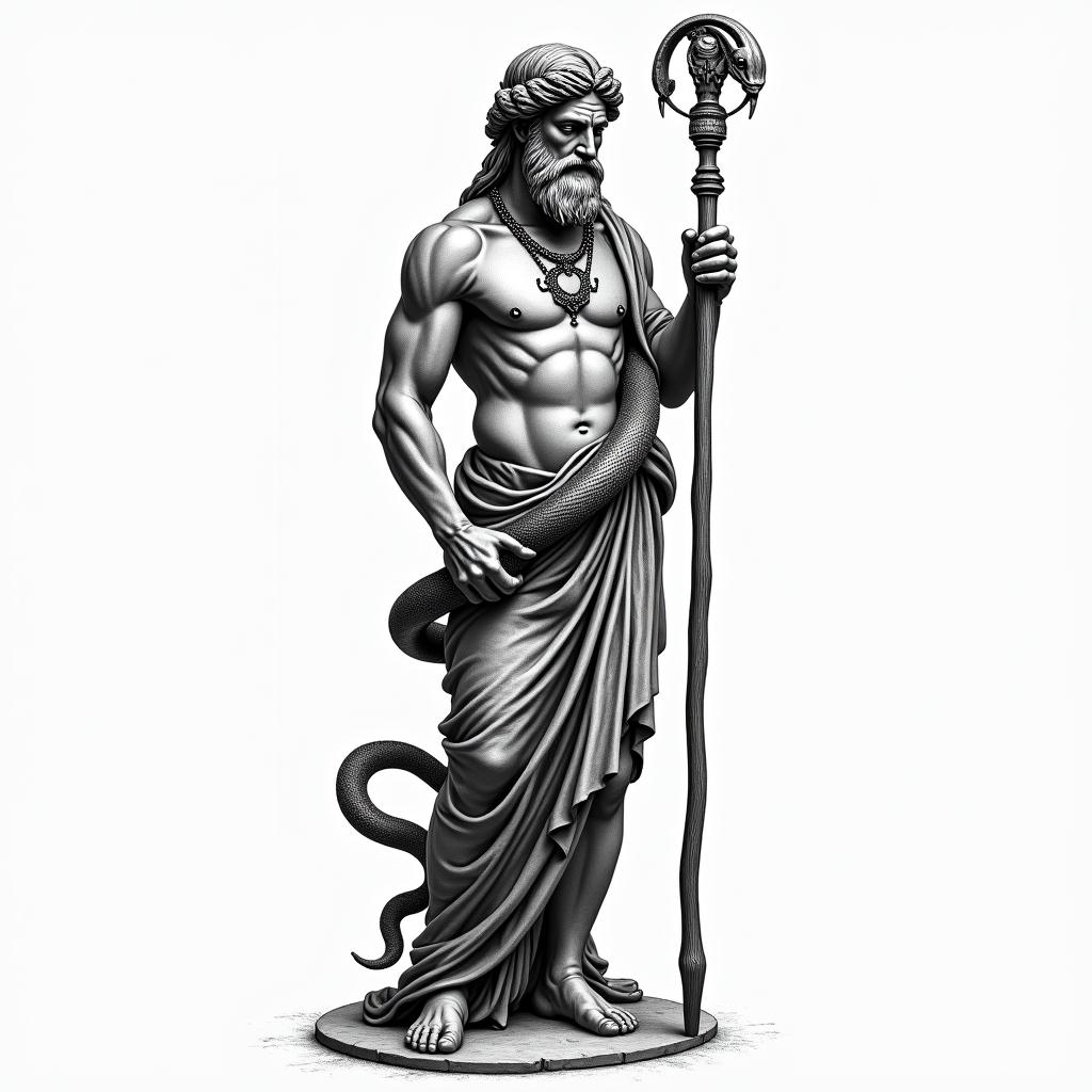 Asclepius holding rod 
Greek mythology. Make sure to add snake around rodin bohemian style tattoo, 8k