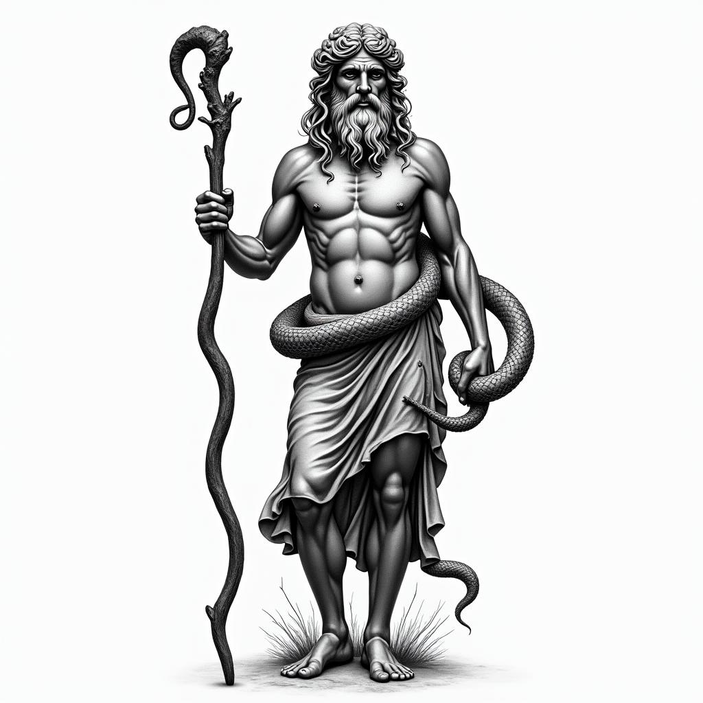 Asclepius holding rod
Greek mythology. Make sure to add snake around rodin bohemian style tattoo, 8k - Variation 2