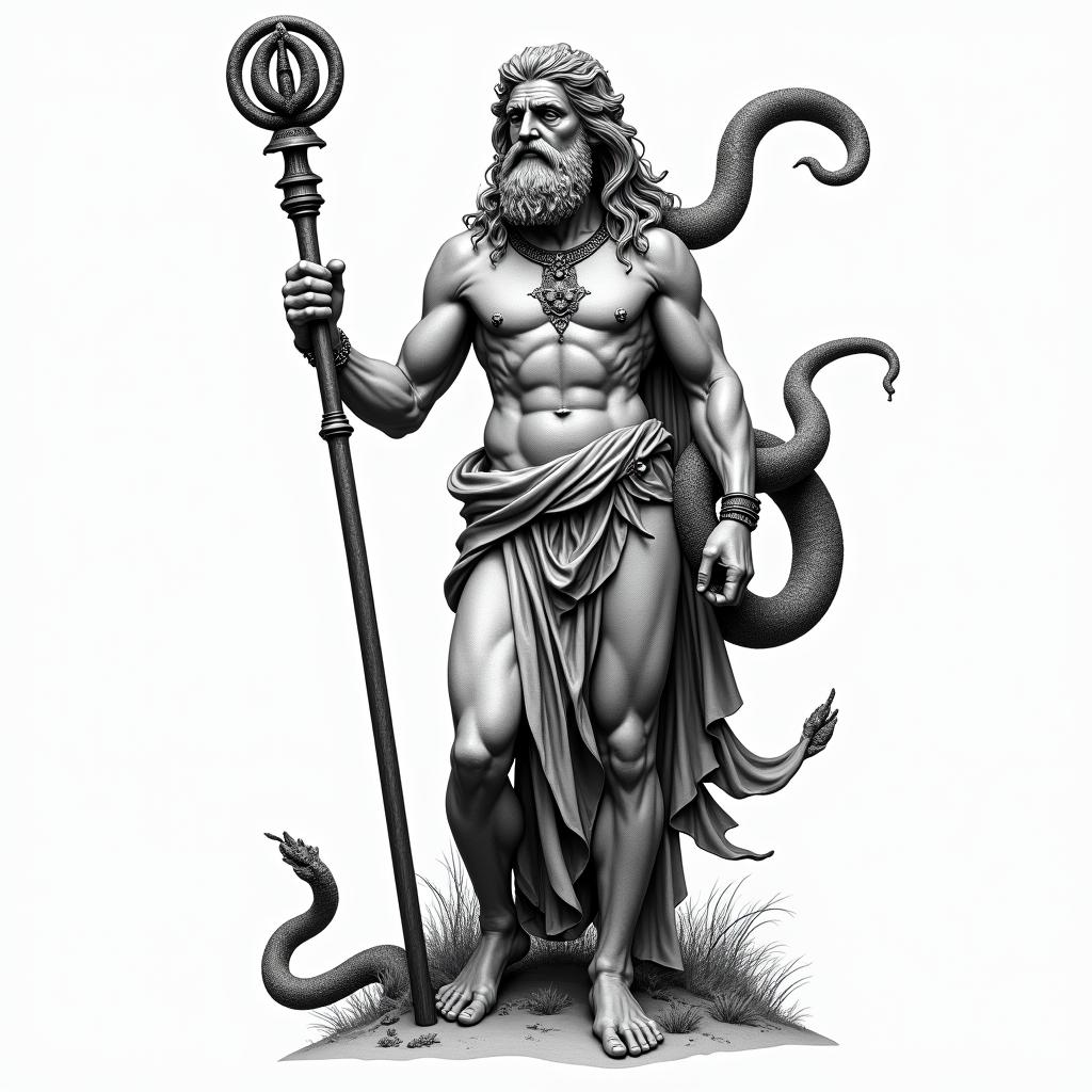 Asclepius holding rod
Greek mythology. Make sure to add snake around rodin bohemian style tattoo, 8k - Variation 3