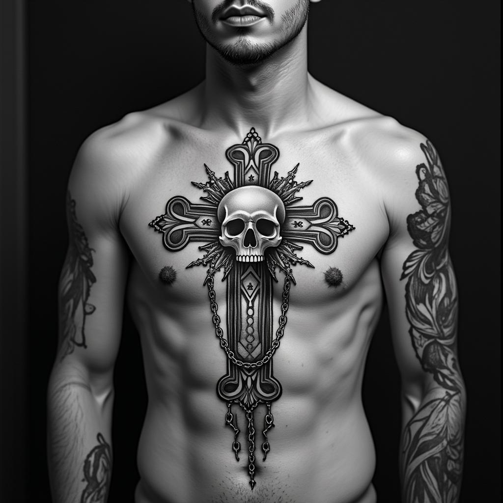 NMRin chicano style tattoo, featuring intricate black and grey shading, bold elements of traditional chicano culture symbols, add a big cross with skull, chains and roses - Variation 4