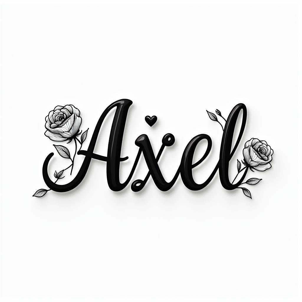 Axelin elegant cursive calligraphy style 2d tattoo, decorate with roses, featuring a smooth and flowing handwritten script with slightly thickened strokes for a luxurious and bold appearance,  heart symbol between names,  sleek and glossy black text with shadowing, minimalist matte white background, clean and sharp edges, illuminated with soft lighting, romantic, 8k, high-quality textures with refined typography - Variation 3