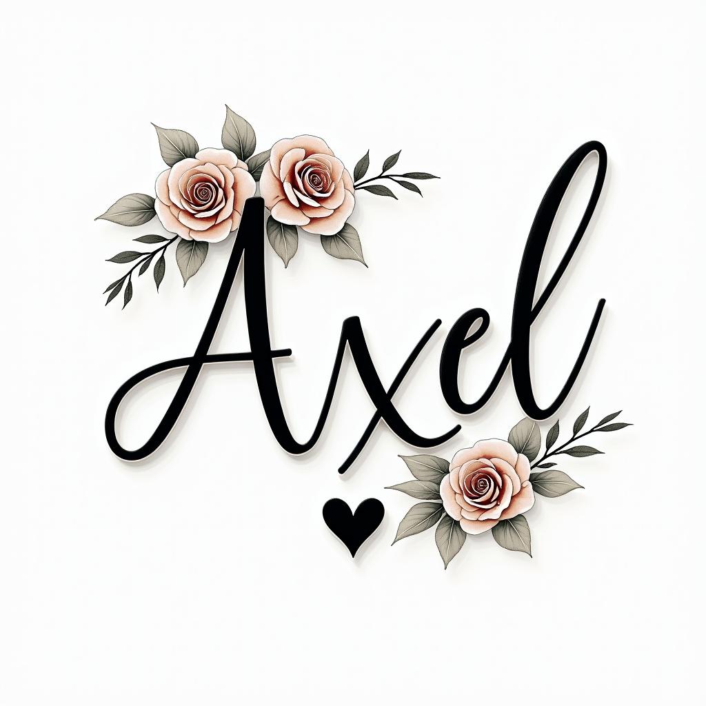 Axelin elegant cursive calligraphy style 2d tattoo, decorate with roses, featuring a smooth and flowing handwritten script with slightly thickened strokes for a luxurious and bold appearance,  heart symbol between names,  sleek and glossy black text with shadowing, minimalist matte white background, clean and sharp edges, illuminated with soft lighting, romantic, 8k, high-quality textures with refined typography