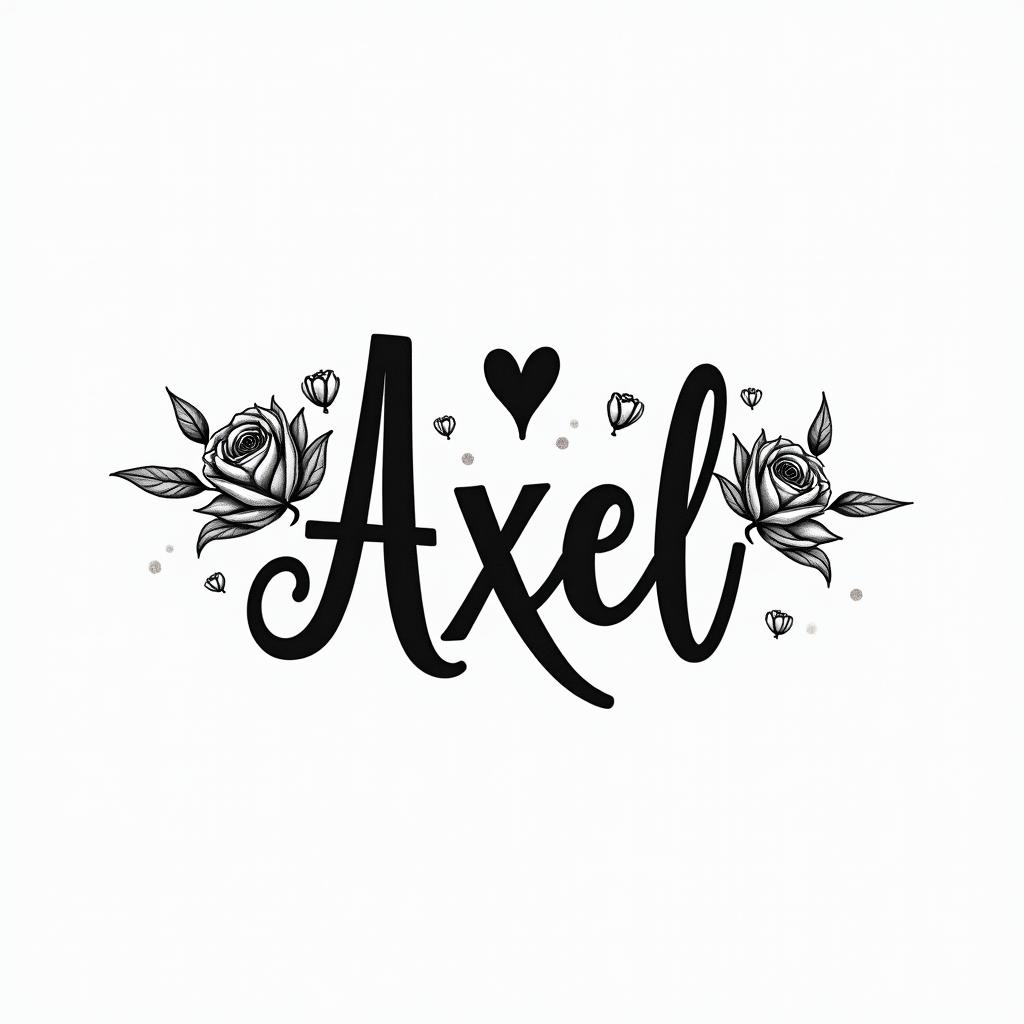 Axelin elegant cursive calligraphy style 2d tattoo, decorate with roses, featuring a smooth and flowing handwritten script with slightly thickened strokes for a luxurious and bold appearance,  heart symbol between names,  sleek and glossy black text with shadowing, minimalist matte white background, clean and sharp edges, illuminated with soft lighting, romantic, 8k, high-quality textures with refined typography - Variation 2