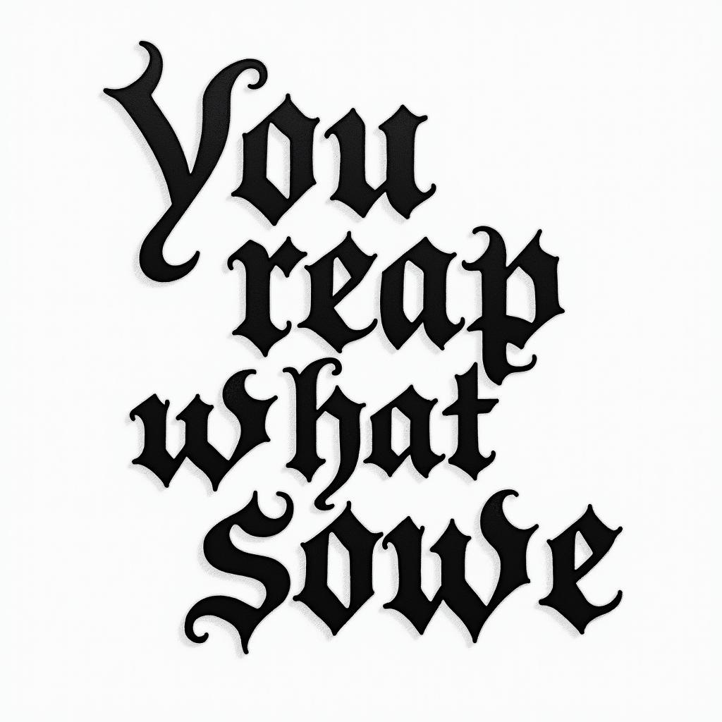 You Reap What You Sowetext-based tattoo, gothic font ultra-realistic, perfectly placed, high-quality font design, photo-realistic shading, 8k, high quality, finely detailed typography - Variation 2