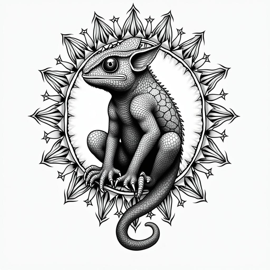 Mandala chameleon surrounds by stars and triangleshigly detailed tattoo