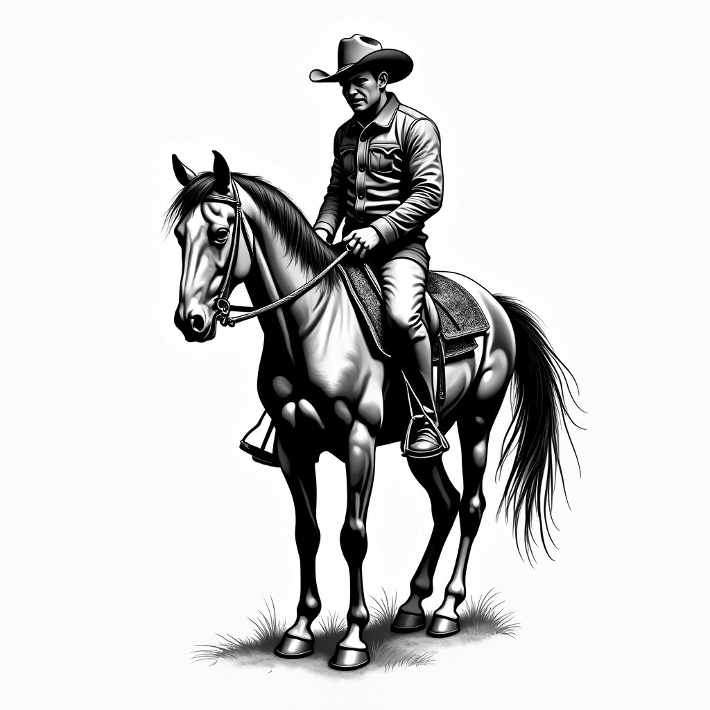 Western ridingin authentic tattoo style, incorporating traditional modifications, bold black outlines, solid color fills, featuring classic authentic elements