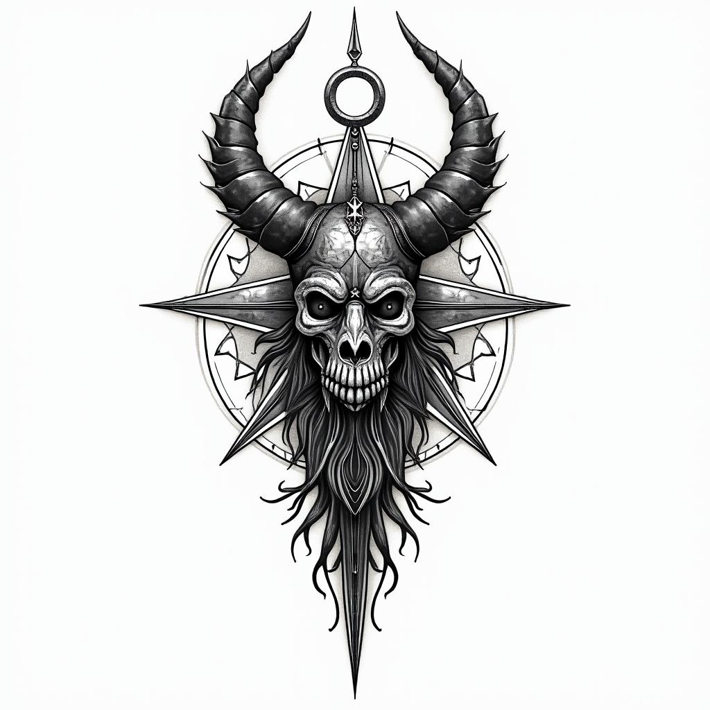 Vikingin paganic style tattoo, featuring ancient symbols, add vegvisir symbol, mystical figures, incorporating designs, pentagrams, runes, crescent moons,