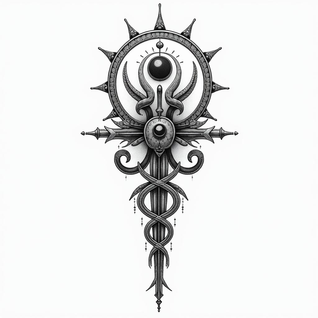 Elias cancer pro rodsin spiritual symbols tattoo style, featuring an intricate design incorporating elements, Hamsa hand, third eye, minimalist composition