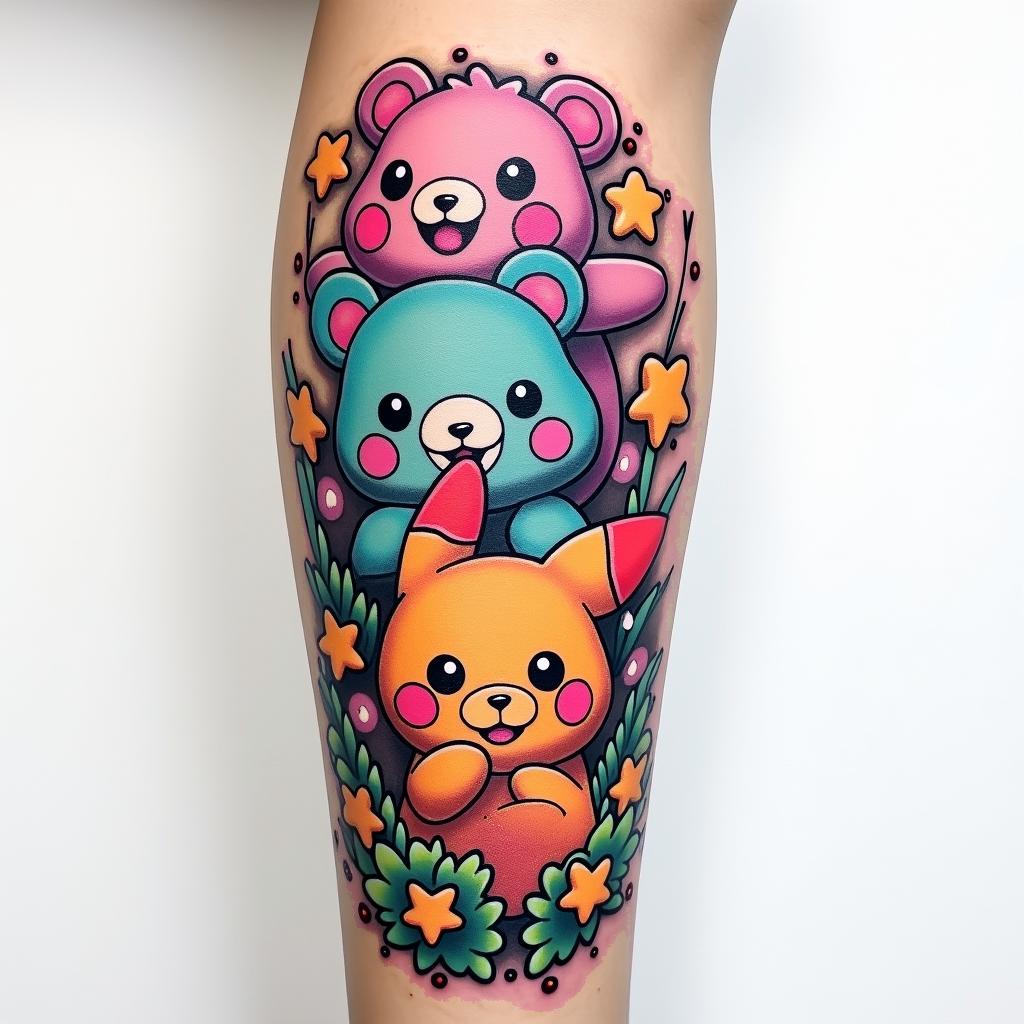Create a tattoo sleeve using funshine, love a lot, and grumpy carebears, a gummy bear, Lisa frank, my little pony, kirlia the Pokémon, a cute pikachu, Kirby, dinosaurs, teal purple pink and yellow stars and hearts. Detailed with all itemshigly detailed tattoo - Variation 2