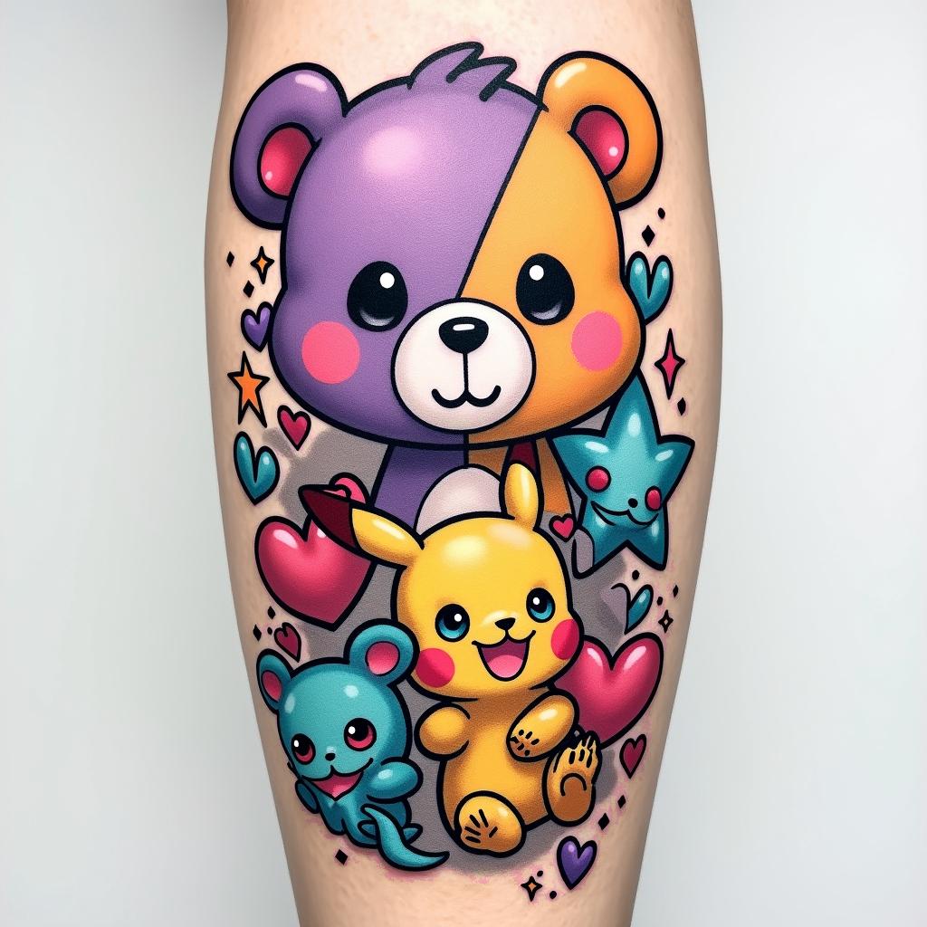 Create a tattoo sleeve using funshine, love a lot, and grumpy carebears, a gummy bear, Lisa frank, my little pony, kirlia the Pokémon, a cute pikachu, Kirby, dinosaurs, teal purple pink and yellow stars and hearts. Detailed with all itemshigly detailed tattoo - Variation 3