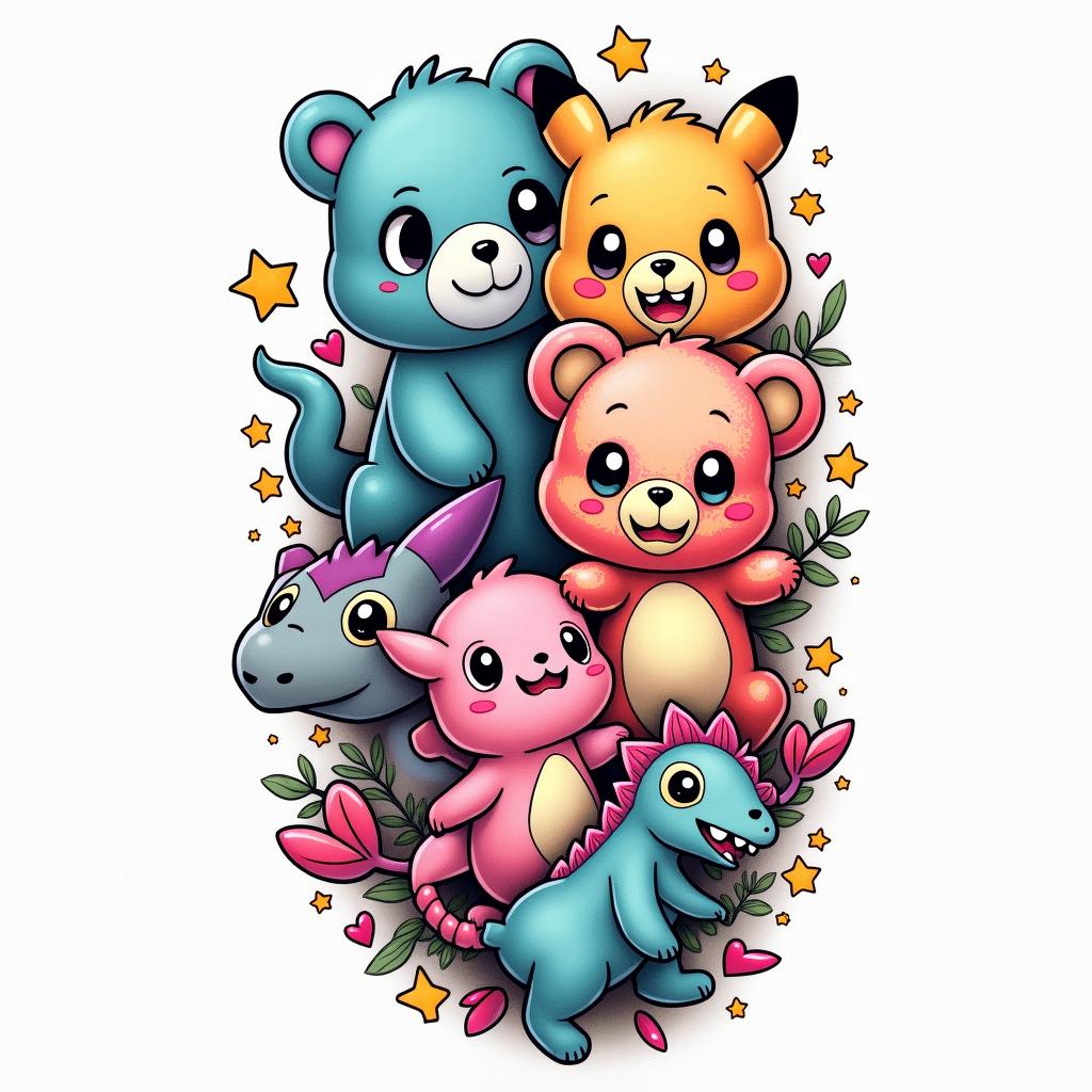 Create a tattoo sleeve using funshine, love a lot, and grumpy carebears, a gummy bear, Lisa frank, my little pony, kirlia the Pokémon, a cute pikachu, Kirby, dinosaurs, teal purple pink and yellow stars and hearts. Detailed with all itemshigly detailed tattoo - Variation 4