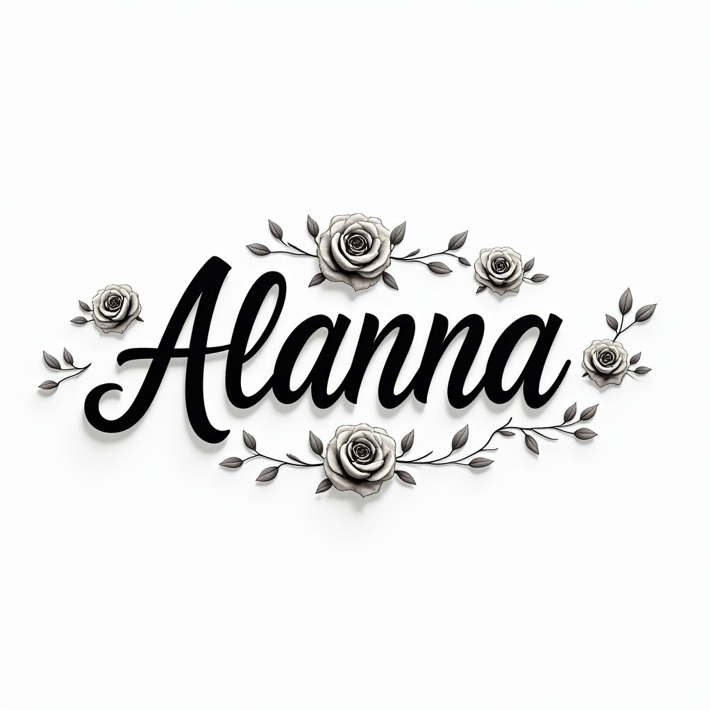 Alannain elegant cursive calligraphy style 2d tattoo, decorate with roses, featuring a smooth and flowing handwritten script with slightly thickened strokes for a luxurious and bold appearance,  heart symbol between names,  sleek and glossy black text with shadowing, minimalist matte white background, clean and sharp edges, illuminated with soft lighting, romantic, 8k, high-quality textures with refined typography - Variation 10