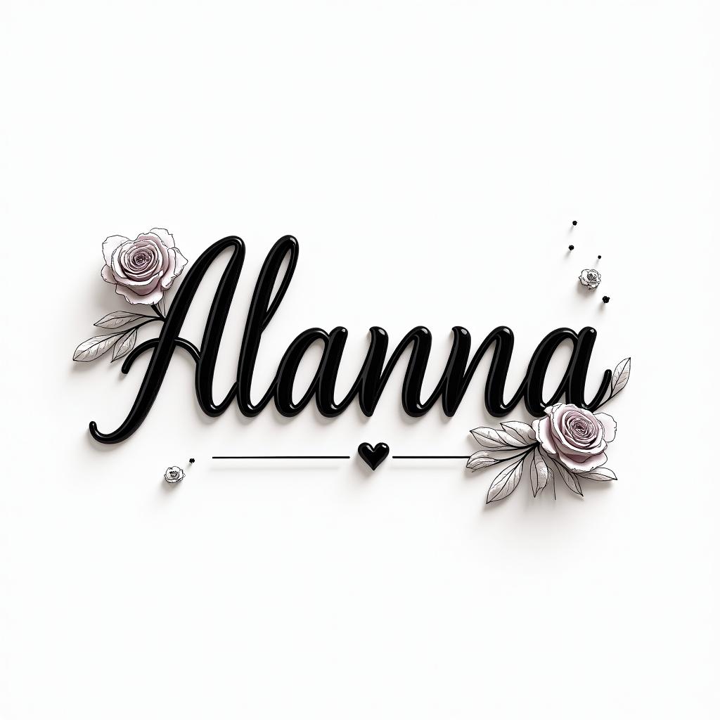 Alannain elegant cursive calligraphy style 2d tattoo, decorate with roses, featuring a smooth and flowing handwritten script with slightly thickened strokes for a luxurious and bold appearance,  heart symbol between names,  sleek and glossy black text with shadowing, minimalist matte white background, clean and sharp edges, illuminated with soft lighting, romantic, 8k, high-quality textures with refined typography - Variation 9