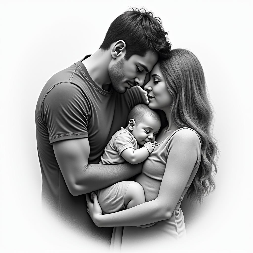 Family, love, animals, baby,in realism tattoo style, featuring a highly detailed, lifelike, capturing every detail, photorealistic, ultra realistic, intricate shading, smooth and sharp,
