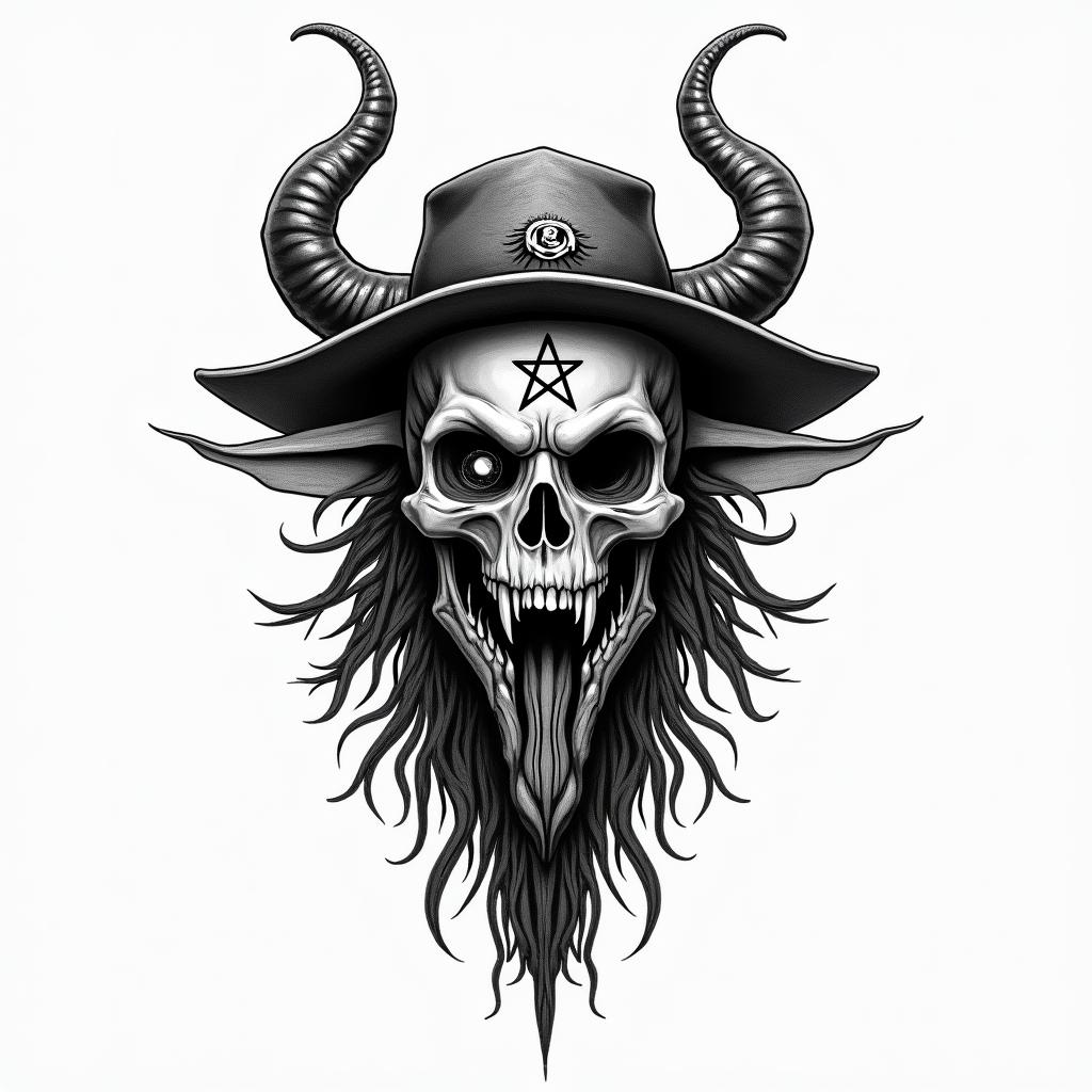 Western ridingcreepy horror tattoo style, featuring an eerie and unsettling skull of a demonic creature, distorted face with sharp fangs, add pentagram symbol - Variation 3