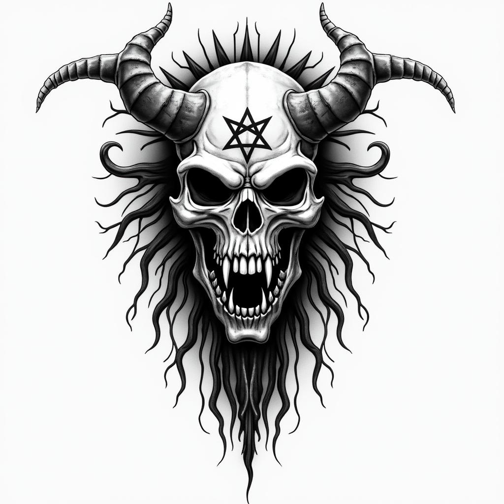 Western ridingcreepy horror tattoo style, featuring an eerie and unsettling skull of a demonic creature, distorted face with sharp fangs, add pentagram symbol - Variation 2