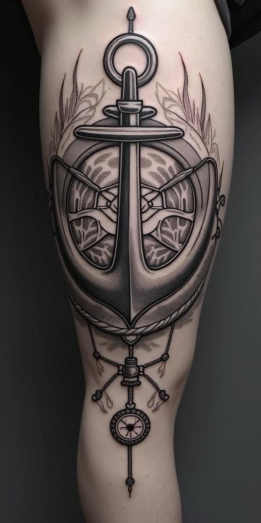 Anchor with nautical rope and compassin dotwork style tattoo, complex mandala patterns, interlocking geometric shapes with sharp symmetry, clean lines, sharp angles - Variation 2